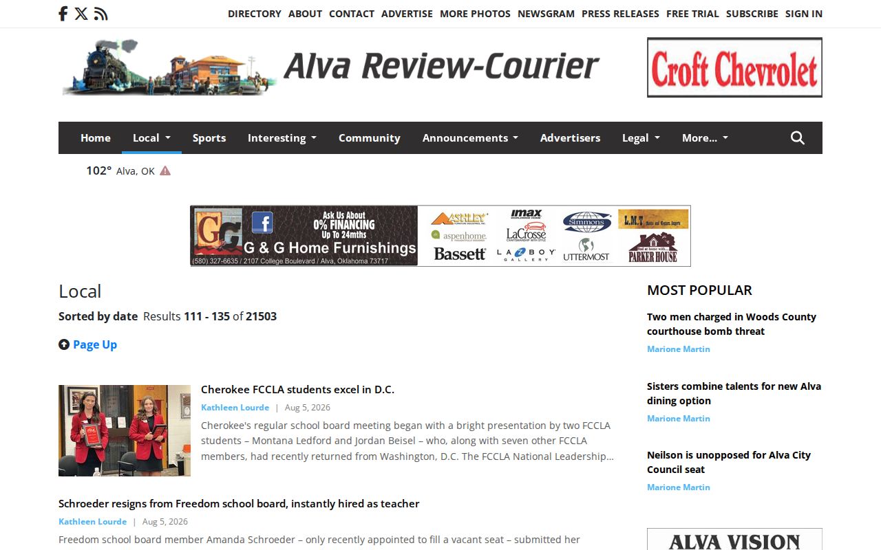 Alfalfa County arrest news source, the Alva Review-Courier Legal sheriff-log section
