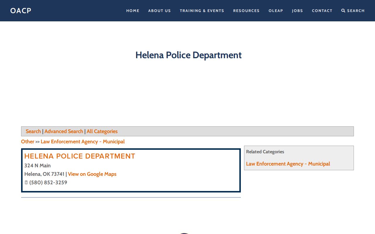 Helena Police Department arrest-record contact directory in Alfalfa County, Oklahoma